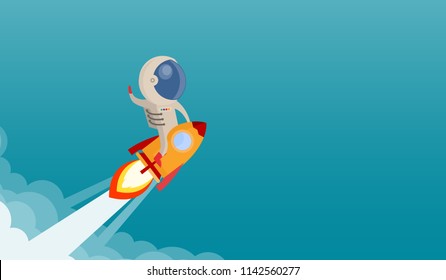 astronaut riding a rocket and smoke through cloud into space. flat design. Vector illustration.