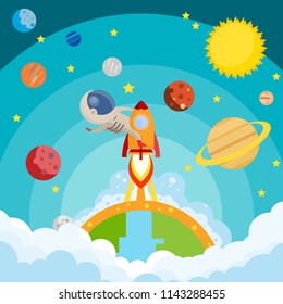 astronaut riding a rocket and smoke through cloud into space and stars. flat design. Vector illustration.