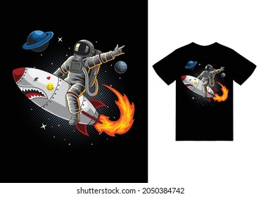 Astronaut riding rocket in space illustration with tshirt design premium vector the Concept of Isolated Technology. Flat Cartoon Style Suitable for Landing Web Pages, Banners, Flyers, Stickers, Cards