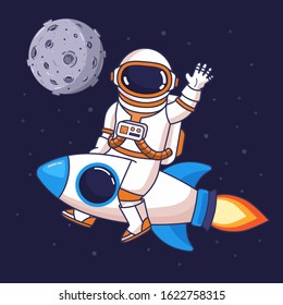 Astronaut riding rocket in the space, vector cartoon illustration
