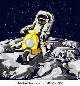 Astronaut Riding A Scooter On The Moon, Vector Illustration - With Moon Delivery