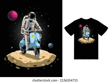 Astronaut riding scooter on space illustration with tshirt design premium vector The Concept of Isolated Technology. Flat Cartoon Style Suitable for Landing Web Pages, Banners, Flyers, Stickers, Cards