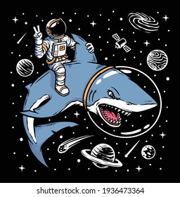 Astronaut riding shark illustration vector