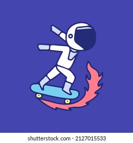 Astronaut riding skateboard on fire, illustration for t-shirt, sticker, or apparel merchandise. With retro cartoon style.