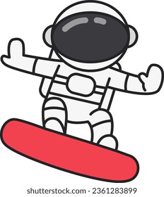 Astronaut riding a snowboard. Vector line art illustration.