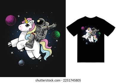 Astronaut riding unicorn illustration with tshirt design premium vector the Concept of Isolated Technology. Flat Cartoon Style Suitable for Landing Web Pages, Banners, Flyers, Stickers, Cards
