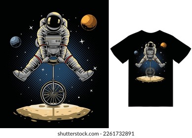 Astronaut riding unicycle illustration with tshirt design premium vector the Concept of Isolated Technology. Flat Cartoon Style Suitable for Landing Web Pages,T shirt, Flyers, Stickers