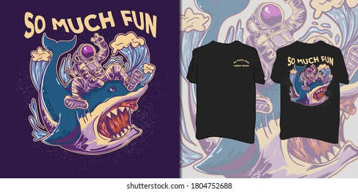Astronaut riding wild shark illustration  for t-shirt