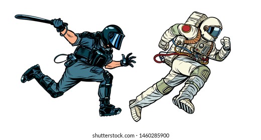 astronaut and riot police with a baton. Pop art retro vector illustration drawing