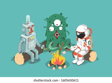 Astronaut, robot and alien. Vector illustration.