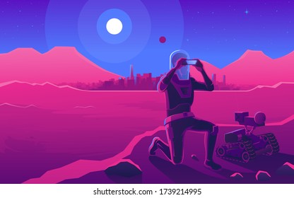 Astronaut and a robot on another planet. Sunset in another world. Comic book cartoon pop art retro vector illustration drawing