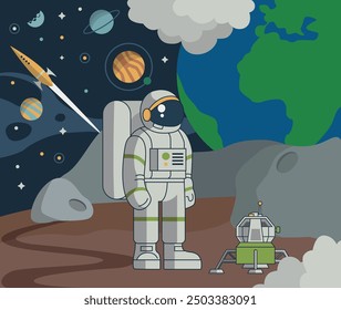 Astronaut and robot on the surface of the planet in space. Vector illustration of an astronaut in a helmet and suit exploring outer space, standing on an alien planet landscape with mountains