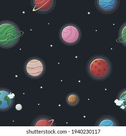 Astronaut with rocket and alien in the open space Planet pattern with constellations and stars. Cute design for kids fabric and wrapping paper. Flat cartoon style funny planet pattern.