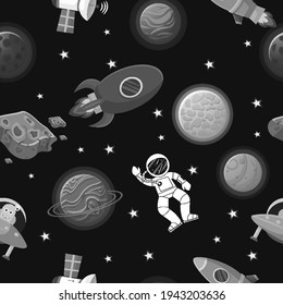 Astronaut mit Rakete und Außerirdisch im offenen Raum Galaxy Muster Cartoon Stil.   Cute Design für Kindergewebe und Wickelpapier. Flat Cartoon Stil lustige Galaxie Muster.
