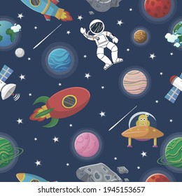 Astronaut with rocket and alien in the open space Space pattern with planets and stars. Cute design for kids fabric and wrapping paper. Flat cartoon style space pattern.