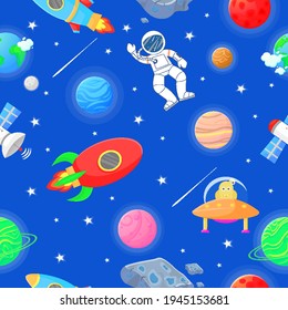 Astronaut with rocket and alien in the open space Space pattern with planets and stars. Cute design for kids fabric and wrapping paper. Flat cartoon style space pattern.