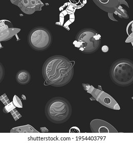 Astronaut with rocket and alien in the open space Cosmic fabric for kids. Cute design for kids fabric and wrapping paper. Flat cartoon style funny cosmic fabric.