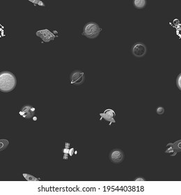 Astronaut with rocket and alien in the open space Galaxy seamless pattern design. Cute design for kids fabric and wrapping paper. Flat cartoon style funny galaxy seamless.