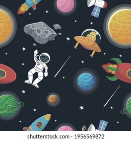 Astronaut with rocket and alien in the open space Space pattern with planets and stars. Cute design for kids fabric and wrapping paper. Flat cartoon style space pattern.
