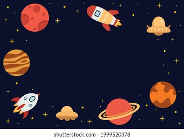 Astronaut With Rocket Background Illustration For Explore In Outer Space And Movement See Stars, Moon, Planets, Ufo Or Asteroids