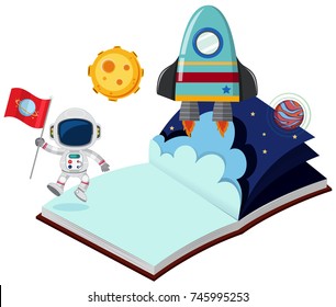Astronaut and rocket in the book illustration