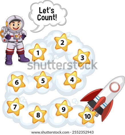 Astronaut and rocket counting stars from one to ten