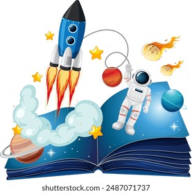 Astronaut and rocket emerging from book