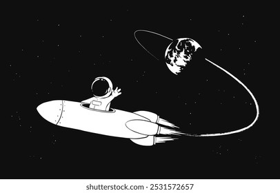 An astronaut in rocket flies from Earth orbit into outer space.Vector illustration