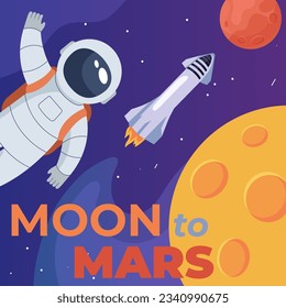 Astronaut and rocket flying to Mars vector illustration. Cartoon drawing of Moon, Mars, spaceship and person in spacesuit in outer space. Astronomy, space, exploration, science concept