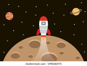 Astronaut With Rocket Illustration For Explore In Outer Space And Movement To See Stars, Moon, Planets Or Asteroids