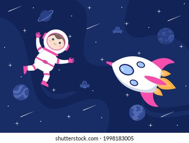 Astronaut With Rocket Illustration For Explore In Outer Space And Movement To See Stars, Moon, Planets Or Asteroids