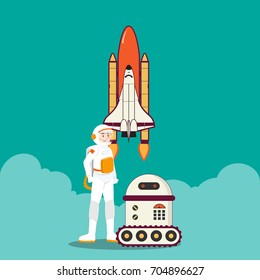 Astronaut rocket and intelligent robot illustration design