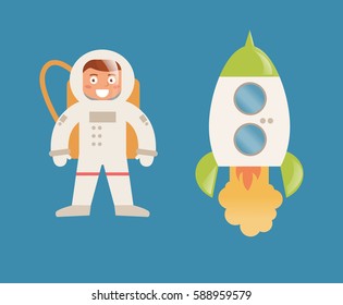 Astronaut and rocket.  Isolated illustration on blue background. Vector. Cartoon. Flat. 
