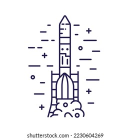 Icono de lanzamiento de cohete astronauta con nave espacial voladora en diseño de arte en línea. Ilustración de la línea delgada del despegue del transbordador espacial.