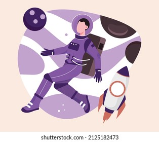 Astronaut and rocket. Man in space suit hovers next to planet. Exploration of galaxies and futuristic images. Modern technologies and innovations, researching. Cartoon flat vector illustration