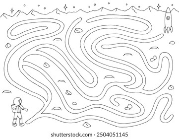 Astronaut rocket maze alien planet graphic black white space sketch illustration vector
