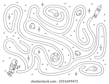 Astronaut rocket maze graphic black white space sketch illustration vector 