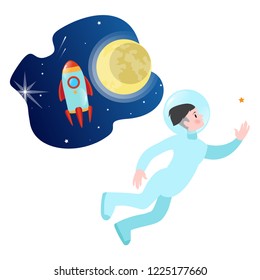 Astronaut, rocket and Moon. Vector illustration in flat style isolated on white background.