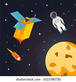 An astronaut with a rocket on the background of the stars and planets of the solar system. Design for posters, banners