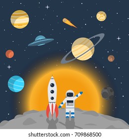 An astronaut with a rocket on the background of the stars and planets of the solar system and the sun in space. Design for posters, banners, textiles. Vector illustration in a flat style.