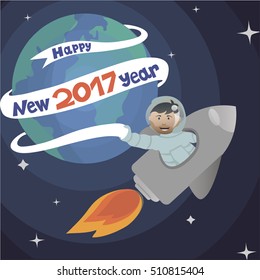 The astronaut and rocket on the Earth background. space theme illustration for calendar.  Happy New Year cover, poster, flyer.