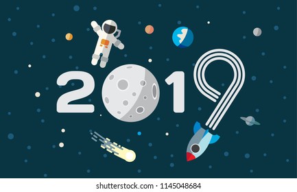 The astronaut and rocket on the moon background. Flat space theme illustration for calendar. 2019 Happy New Year cover, poster, flyer.