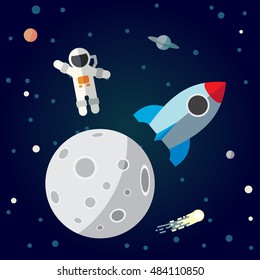  The astronaut and rocket on the moon background. Flat space theme illustration.