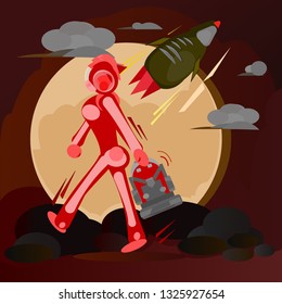 Astronaut with rocket on the moon with clouds.eps