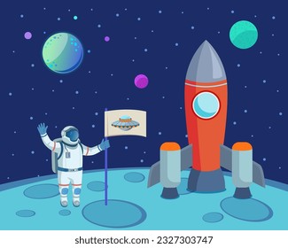 Astronaut with rocket on moon vector illustration. Drawing of man in spacesuit holding flag with UFO, journey around space, exploring satellite of planet. Outer space, exploration, astrology concept