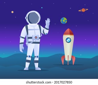 Astronauta con cohetes en una ilustración de aventura espacial en el planeta