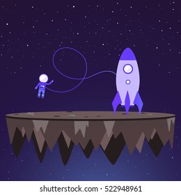 Astronaut with rocket on space background. Colored design concept in flat style for banner, website, app, projects, t-shirt print, wallpaper, science magazine, books and other. Vector illustration.