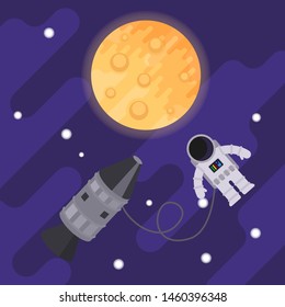 Astronaut and rocket in the open space on the background of the moon. Vector flat illustration