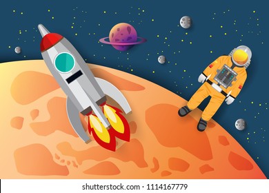 Astronaut , rocket paper art , vector design