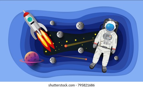 Astronaut , rocket paper art , vector design
